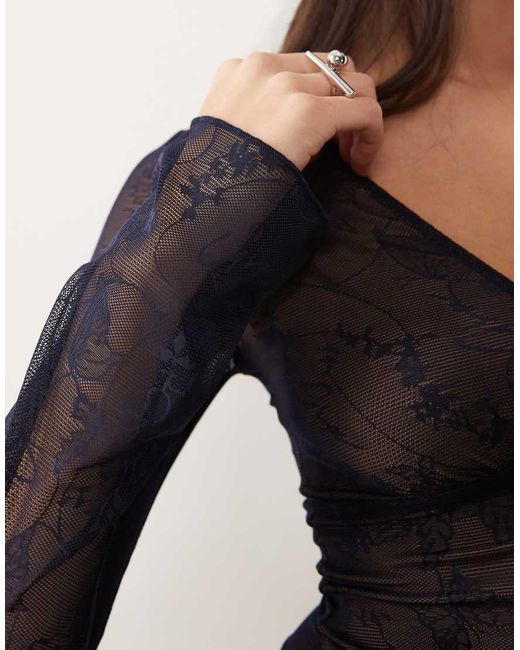 I.AM.GIA Blue Yvette V Neck Butterfly Pattern Lace Logo Flare Sleeve Top Co-ord