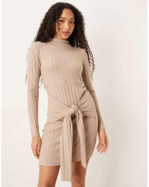 ASOS Natural Ribbed High Neck Tie Front Mini Dress