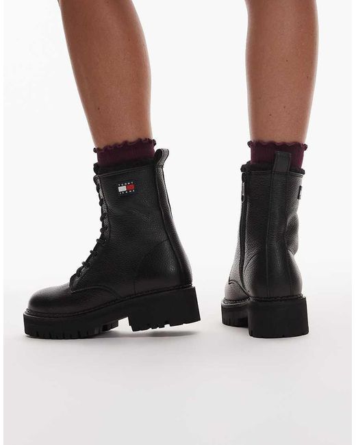 Tommy Hilfiger Black Urban Lace Up Hiker Boots With Fur Lining