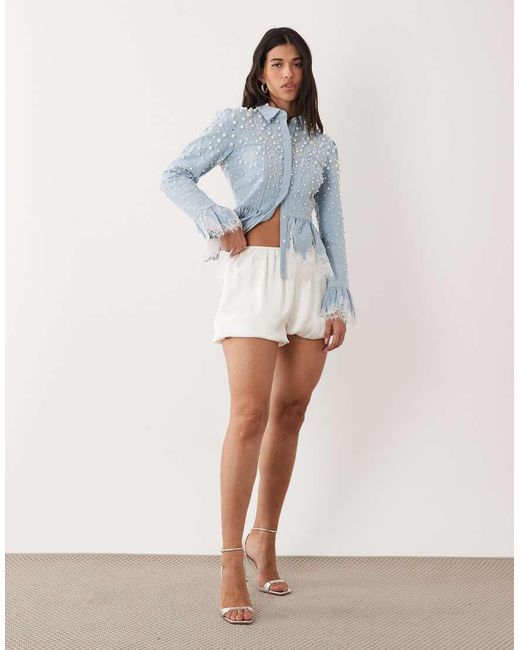 ASOS Blue Peplum Denim Corset Shirt With Lace And Pearl Detail