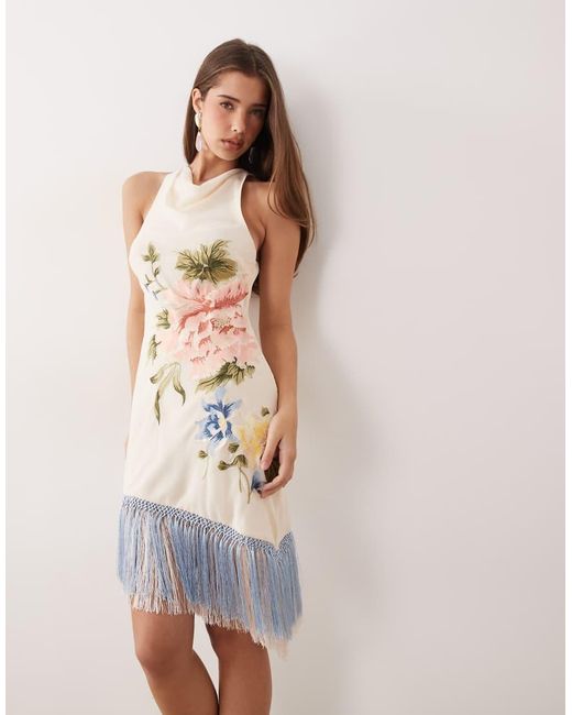 ASOS Natural Embroidery Mini Dress With Fringe Hem