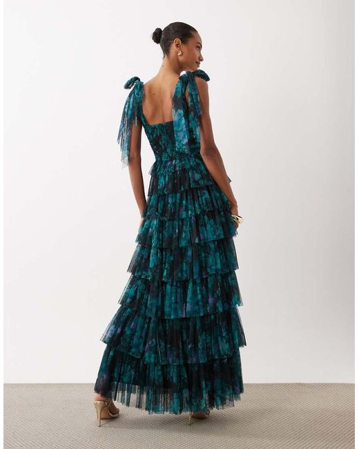LACE & BEADS Blue Bridesmaid Bow Shoulders Tulle Maxi Dress