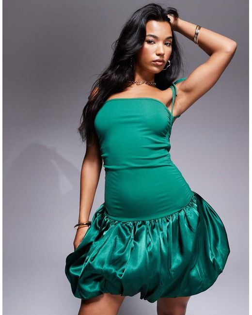 Amy Lynn Green Alexa Satin Tie Shoulder Puffball Ultra Mini Dress