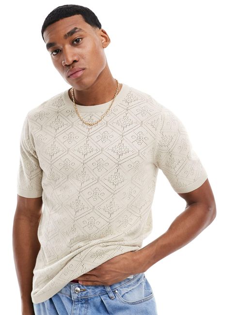 ASOS Gray Knitted Crochet Crew Neck T-shirt for men