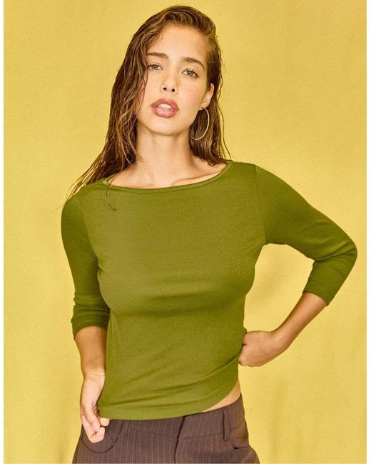 Stradivarius Yellow Boat Neck 3/4 Sleeve T-Shirt