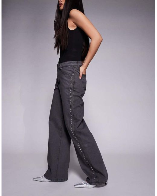 Liquor N Poker Black Relaxed Mid Rise Jeans With Diamante Eyelet Detail