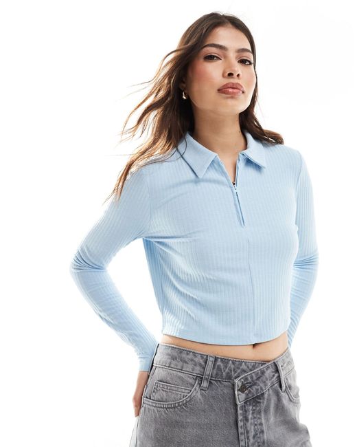 ONLY Blue Half Zip Ribbed Polo Top