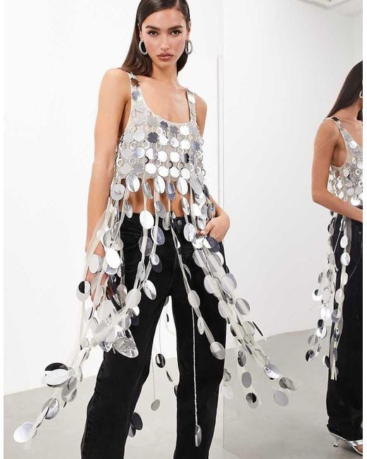 ARRANGE White Futurist Sequin Crop Top With Long 3D Fringe Hem