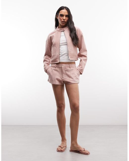 CERNUCCI Pink Faux Suede Cropped Biker Jacket