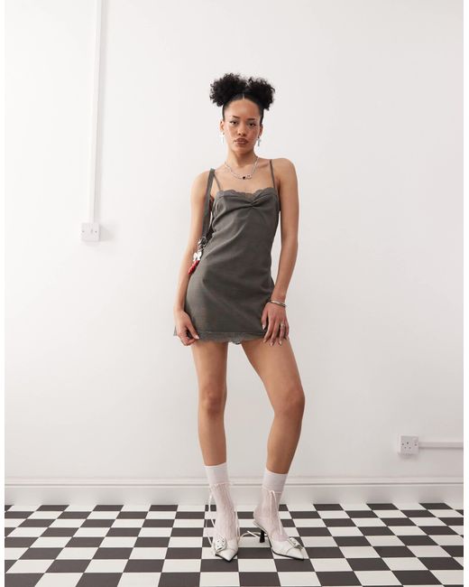 Motel Gray Larna Check Lace Edge Check Mini Dress