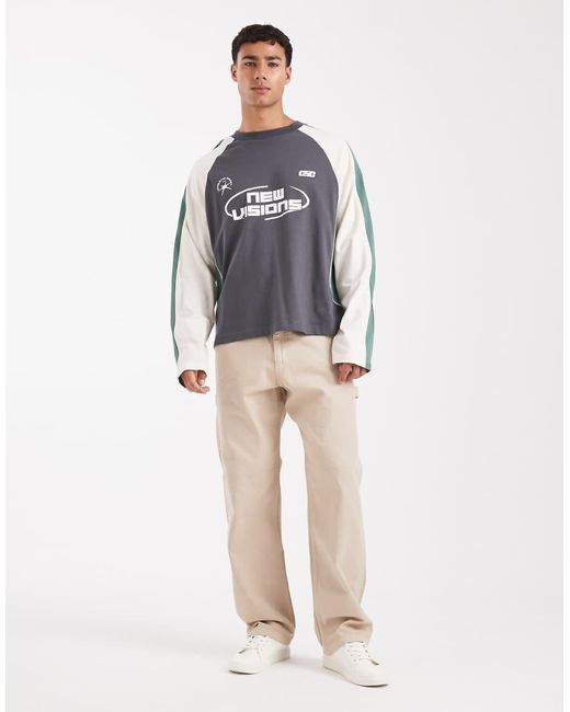 ASOS Gray Boxy Oversized Long Sleeve T-shirt With Cut And Sew Paneling And Sports Graphics for men