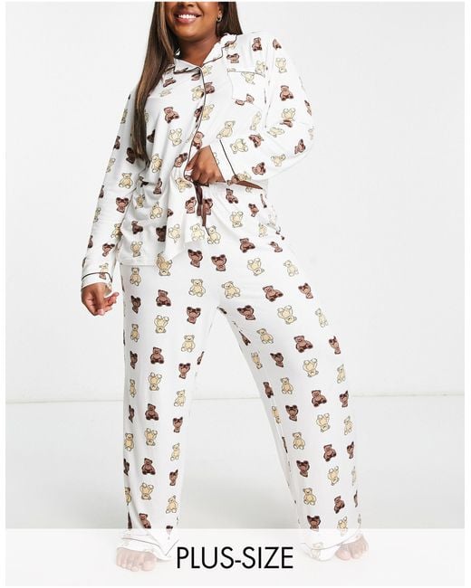 Loungeable Plus Teddy Bear Long Shirt And Pants Pajama Set in White