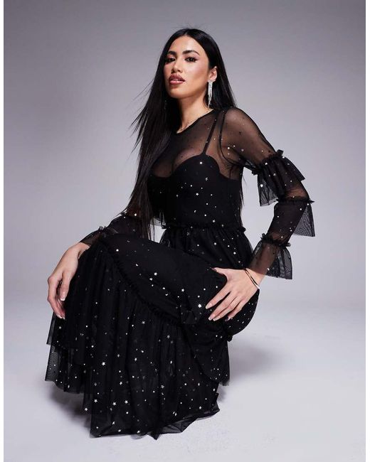 Never Fully Dressed Midaxi Jurk Van Mesh Met Sterrenprint in het Black