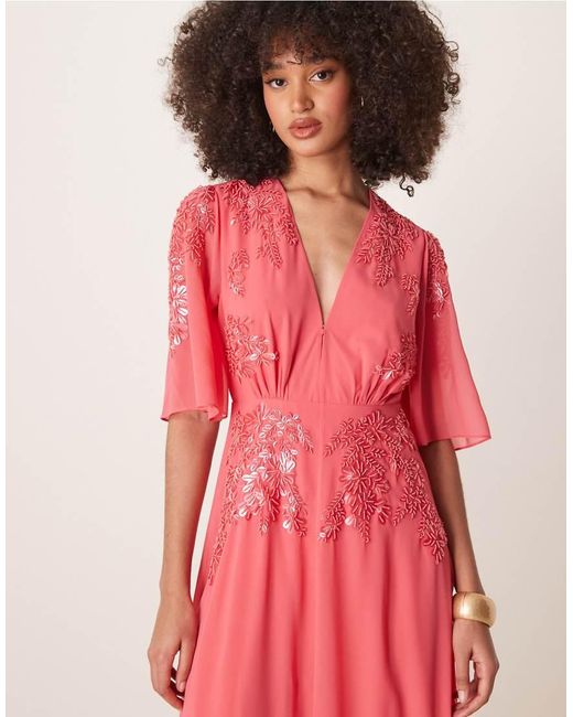 Hope & Ivy Pink Plunge Front Embellished Maxi Dress