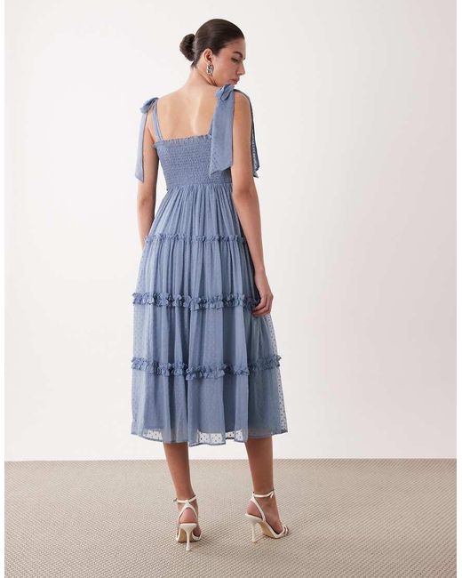 LACE & BEADS Blue Chiffon Dobby Bow Shoulder Shirred Ruffle Midi Dress