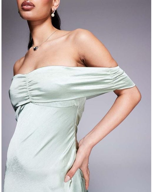 Princess Polly Blue Satin Bardot Ruched Front Detail Maxi Dress