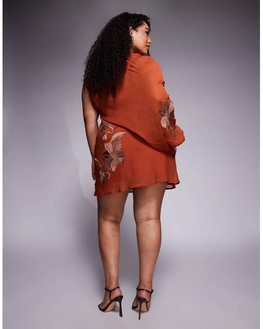 ASOS Red Asos Design Curve Tonal Embroidery High Neck Draped Asymmetric Mini Dress With Cut Out