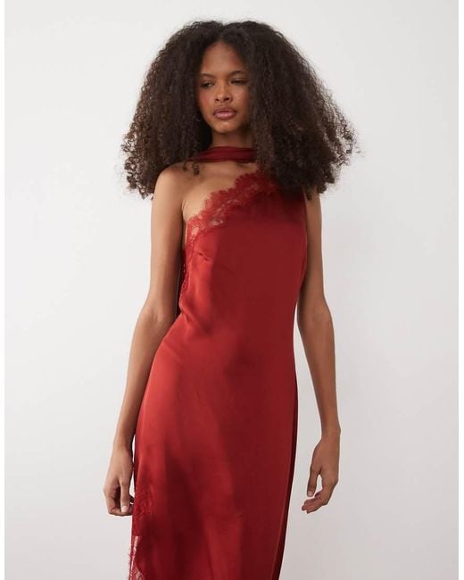 Mango Red Capsule Satin One Shoulder Maxi Dress With Lace Detail