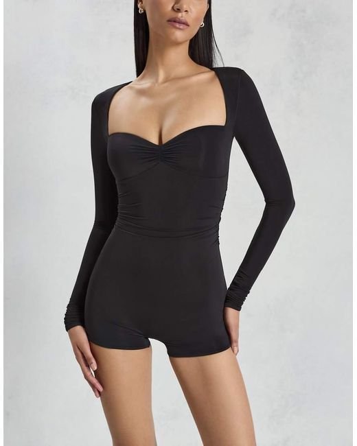 Oh Polly Black Sweetheart Long Sleeve Playsuit