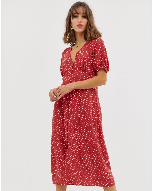 vero moda polka dot midi dress with volume sleeve