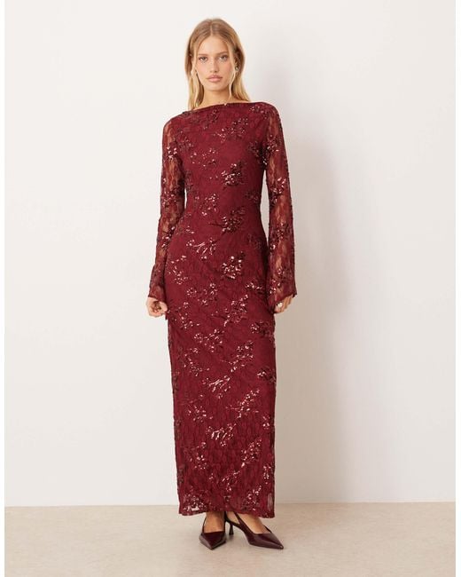 ASOS Long Sleeve Sequin Lace Maxi Dress in Red | Lyst