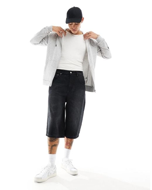 Jorts di jeans taglio lungo slavato con toppe sul retro di ASOS in White da Uomo