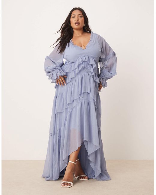 ASOS Blue Asos Design Curve V Front Tiered Ruffle Maxi Dress With Hi Low Hem And Pin Tucks