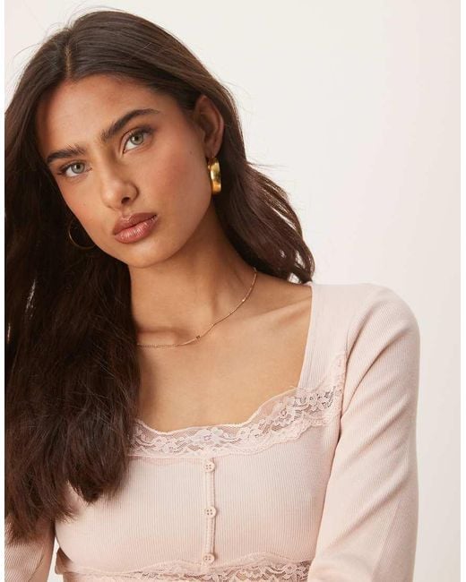 ASOS Natural Ribbed Long Sleeve Top With Lace And Button Detail