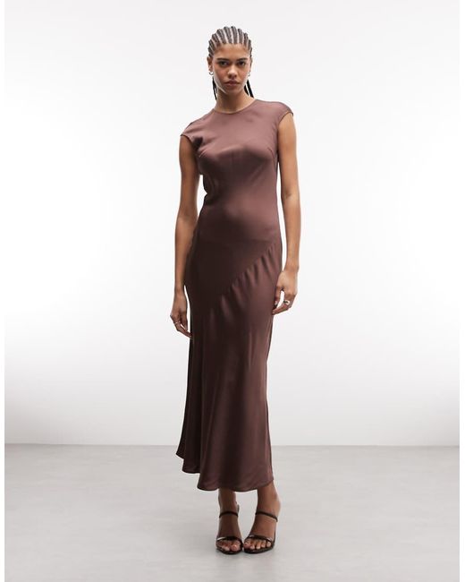 & Other Stories Brown Bias Cut Satin Maxi Dress With Cap Sleeve