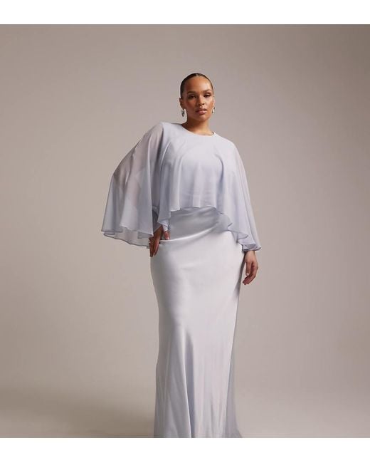 ASOS Gray Asos Design Curve Bridesmaids Sheer Chiffon Cape Overlay Satin Dress With Bias Cut