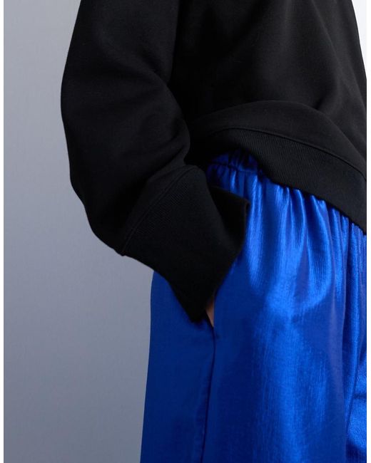 TOPSHOP Blue Textured Satin Straight Leg Trouser