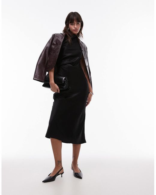 & Other Stories Black Bias Cut Satin Midi Dress With Drape Detail And Extended Shoulder