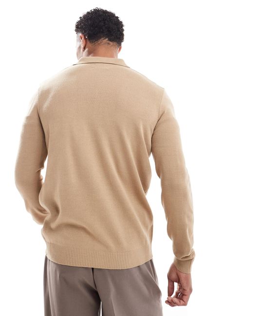 ASOS Natural Co-ord Knitted Button Through Polo for men