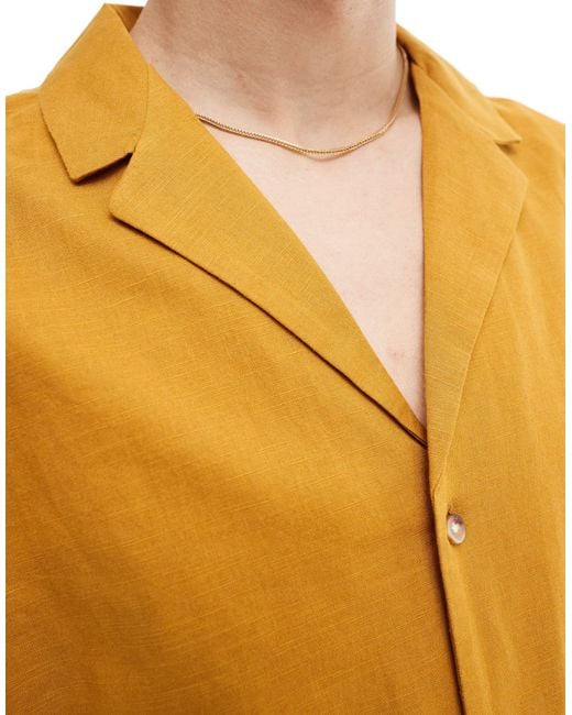 ASOS Yellow Relaxed Linen Blend Shirt With Deep Revere Collar for men