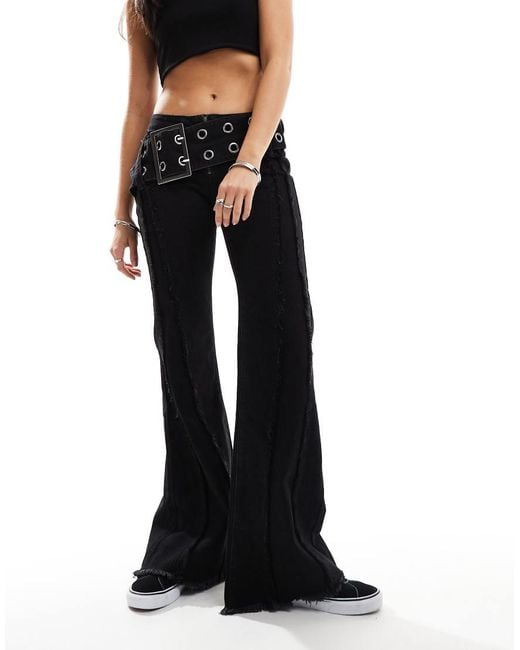 Minga Black London Grunge Flare Jeans With Oversized Buckle Belt