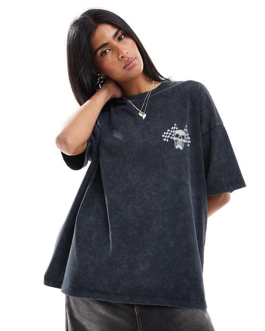 ASOS Blue Oversized T-shirt With Hotfix Skull And Racing Flags Graphic