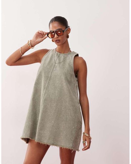 Monki Green Sleeveless A Line Mini Dress With Frayed Edge