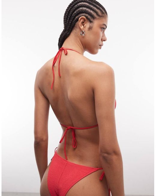 Monki Red Mix And Match Crinkle Tie Up Triangle Bikini Top