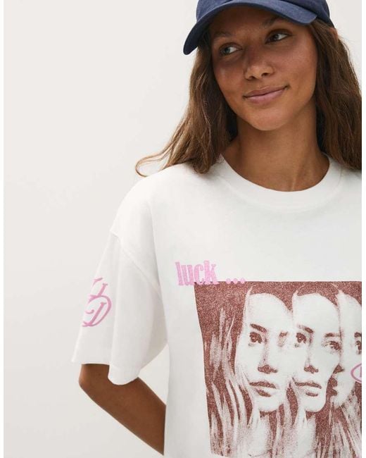 Bershka White Hilary Duff Oversize Short Sleeve T-Shirt