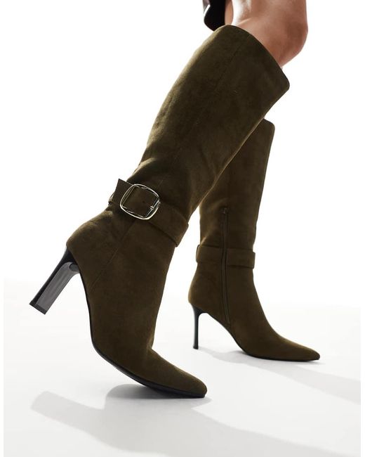 London Rebel Black Leah Kitten Heel Knee Boots With Buckle Detail