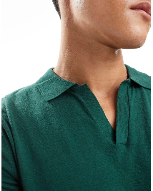 ASOS Green Knitted Cotton Notch Neck Polo for men