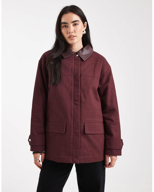 4th & Reckless Women's Red Faux Leather Woven Detail Collar Workwear Jacket casual jackets