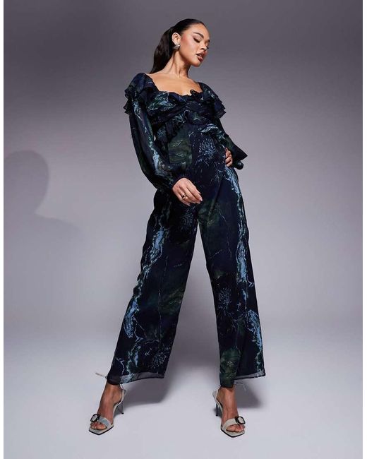 ASOS Blue Long Sleeve Ruffle Off Shoulder Jumpsuit
