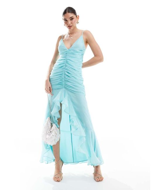 ASOS Blue Ruched Front High Low Frill Maxi Dress