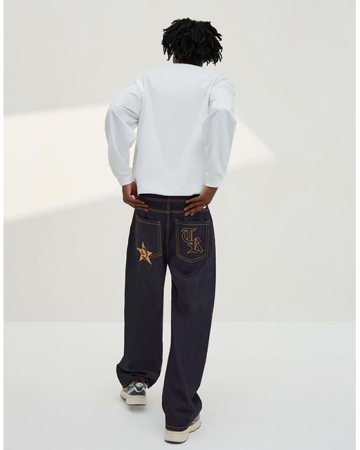 Bershka White Embroidered Barrel-leg Jeans for men