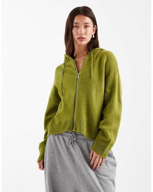 ASOS Green Fluffy Knitted Zip Up Hoodie