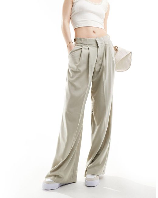 Pull&Bear Natural Wide Leg Double Pleat Tailored Trouser