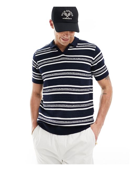 Brave Soul Blue Heavyweight Textured Knit Trophy Neck Polo for men