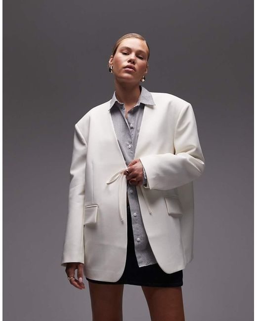 ASOS Gray Collarless Oversized Tie Front Blazer