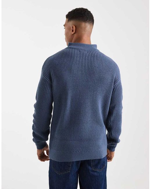New Look Blue Fisherman Knit 1/4 Zip Jumper for men
